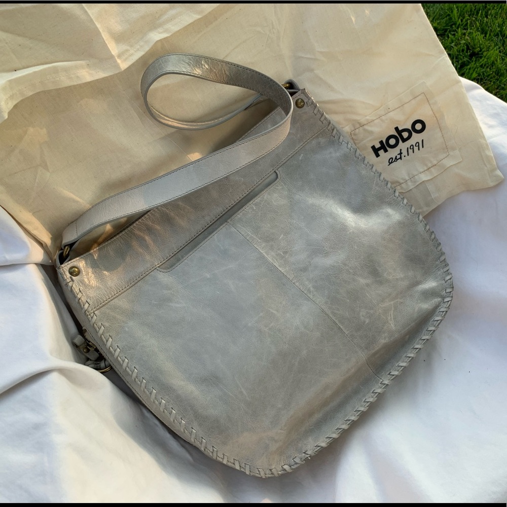 HOBO Smooth Gray Leather Shoulder Bag w/ Tassle